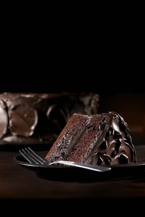 Double chocolate cake on a dark background - chocolate photography