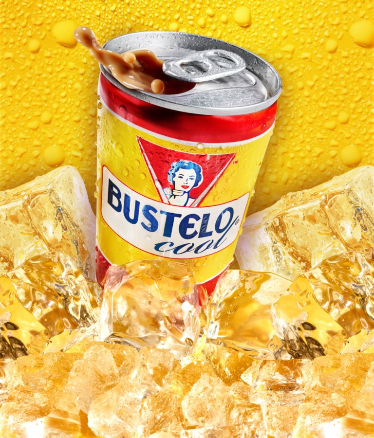 Espresso energy drink can surrounded by ice cubes photographed for commercial beverage marketing