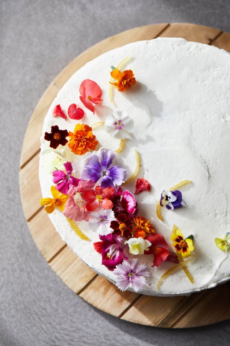 Food styled cake with flowers