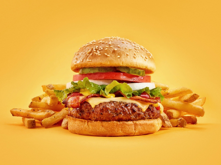 Cheeseburger with lettuce, tomato, onions, pickles, and melted cheese surrounded by crispy fries on a bright yellow background.