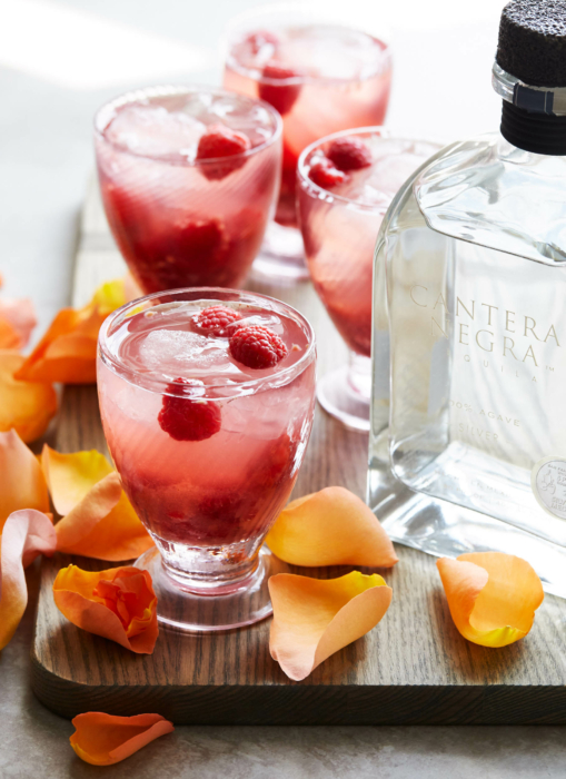 Cocktail photography, Cantera Negra, drink styling pink berries, rose petals