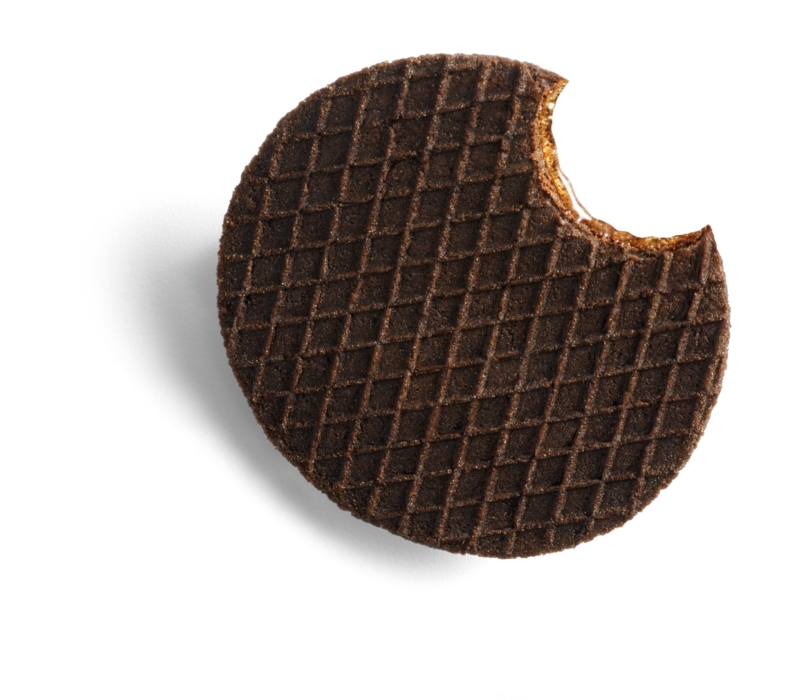 Round chocolate wafer cookie with a bite taken out, casting a soft shadow on a white background.