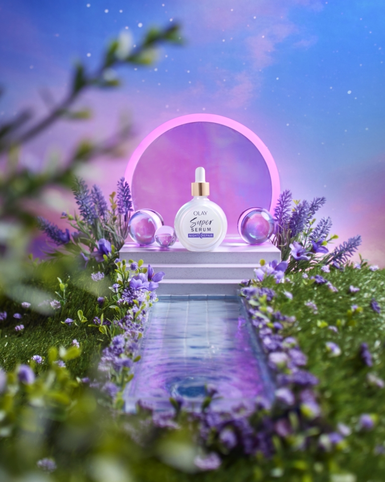 Olay Dewy Skin Cream styled in conceptual commercial beauty photography scene