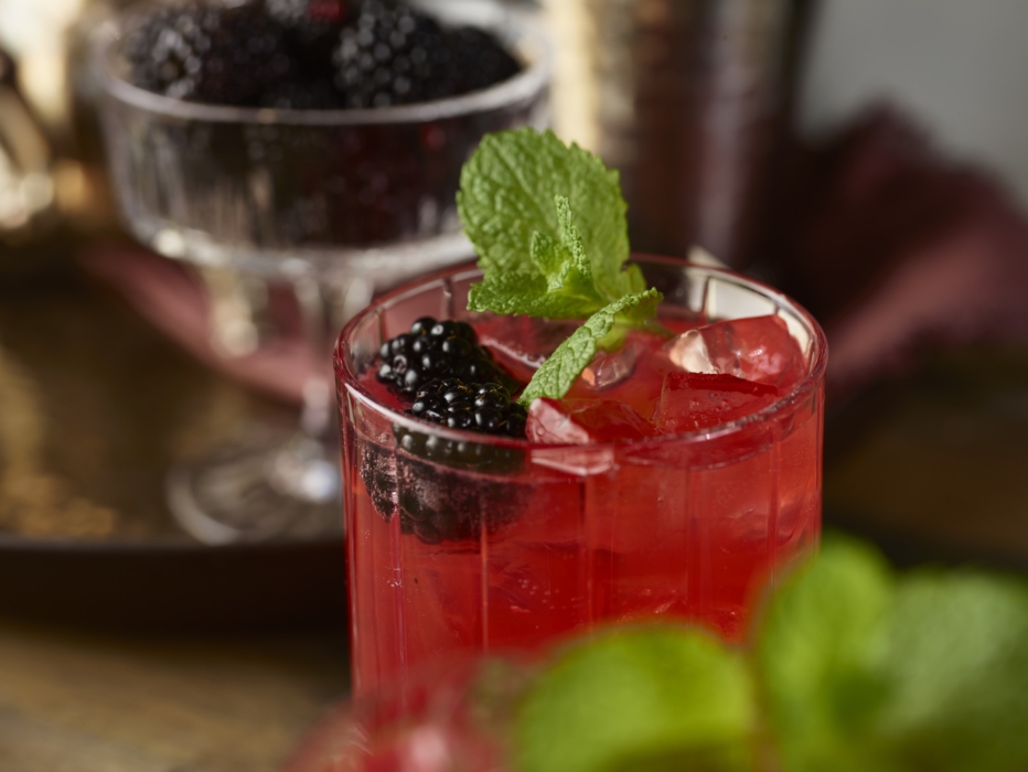 a glass of red drink with blackberries and mint leaves
