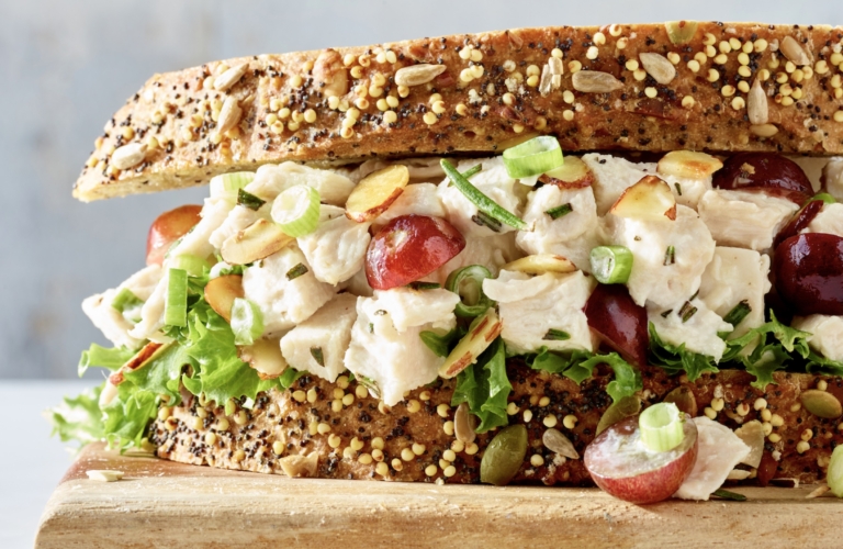 Chicken Salad, bread, healthy, grapes, seasoning, board