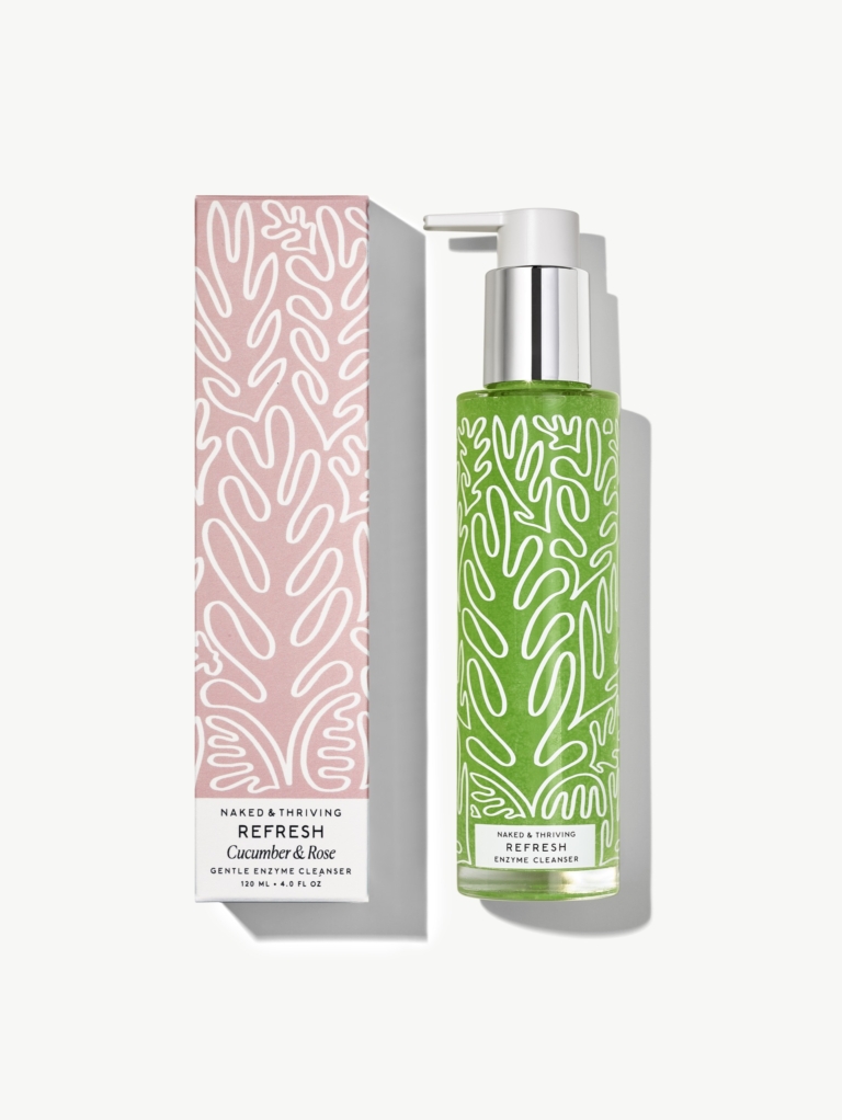 Naked & Thriving Refresh and Brighten skincare collection in green printed packaging on white background