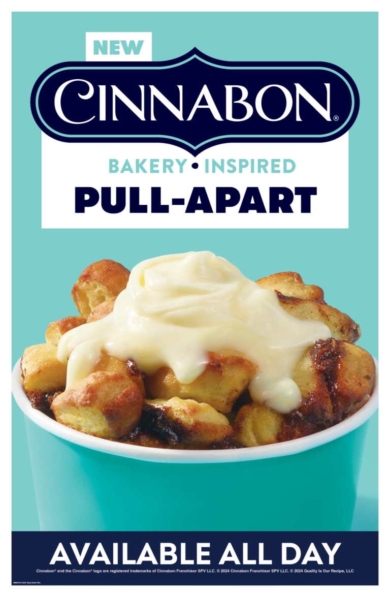 Cup of Cinnabon bakery-inspired pull-apart bites topped with warm icing, shown against a teal background with branded text.