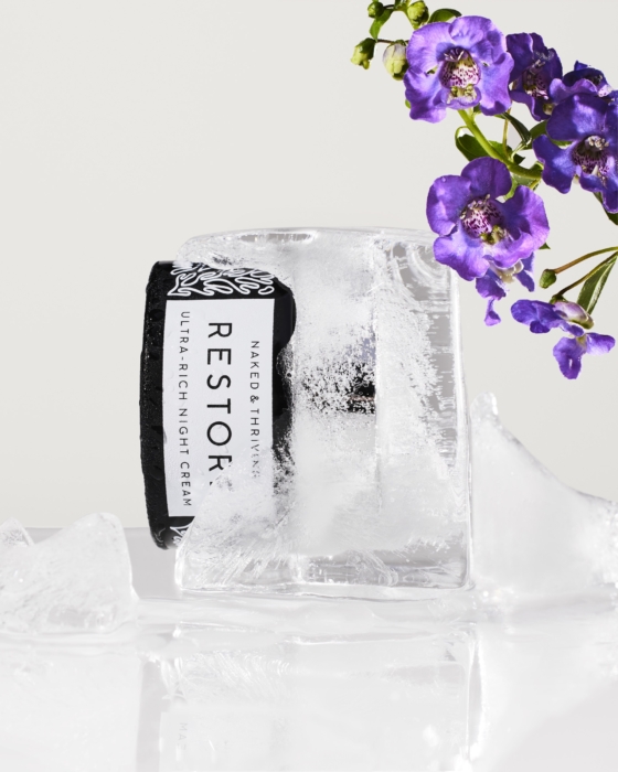 a small container in ice with purple flowers