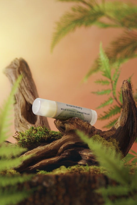 a small tube of wild carotid balm on a piece of wood