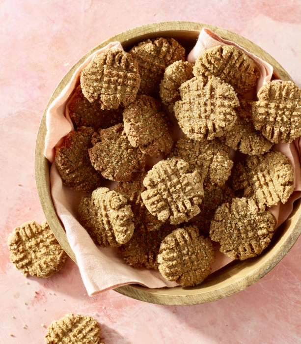 Overhead shot of peanut butter cookies on a light surface, styled for food photography and snack advertising by OMS Photography