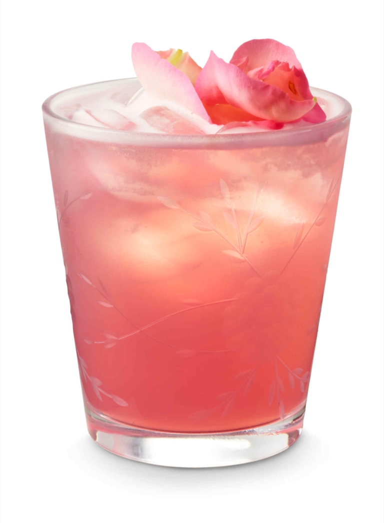 Cocktail photography, glass, on white, silhouette, flower, pink