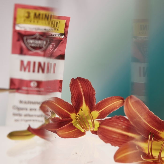 a red and yellow flower next to a packet of spices