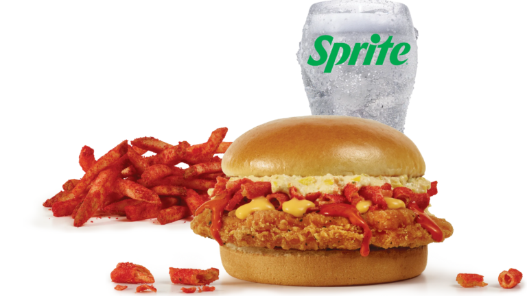 Crispy chicken sandwich with bacon and cheese — commercial food photography by OMS Photo