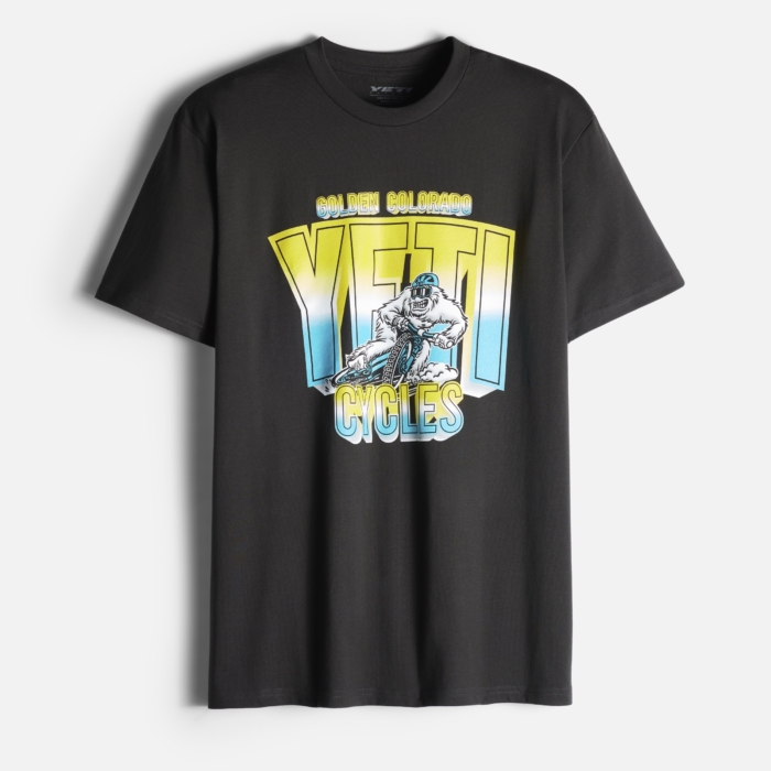 Black graphic t-shirt with colorful print displayed on a white background