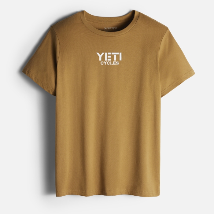 Brown t-shirt with logo displayed on a clean white background
