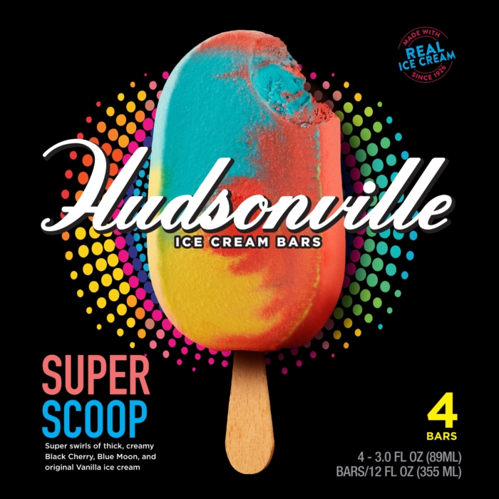 Commercial food photography of rainbow ice cream bar with vibrant swirls on black background, high-impact frozen dessert product image for CPG marketing