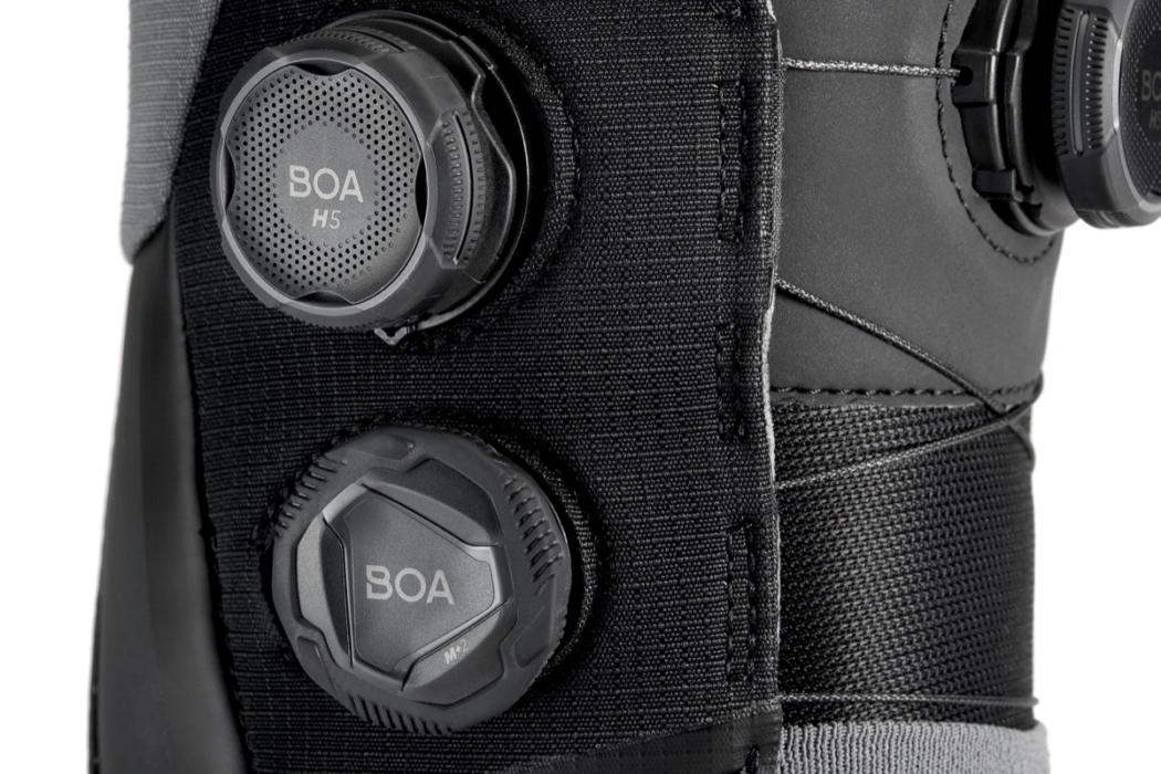 Close-up of dual BOA H5 and M2 dial closures on black snowboard boot cuff