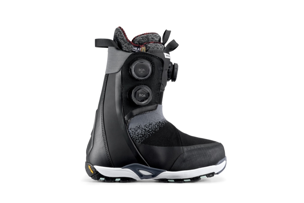 Black Burton snowboard boot with dual BOA dial lacing and Vibram sole on white background