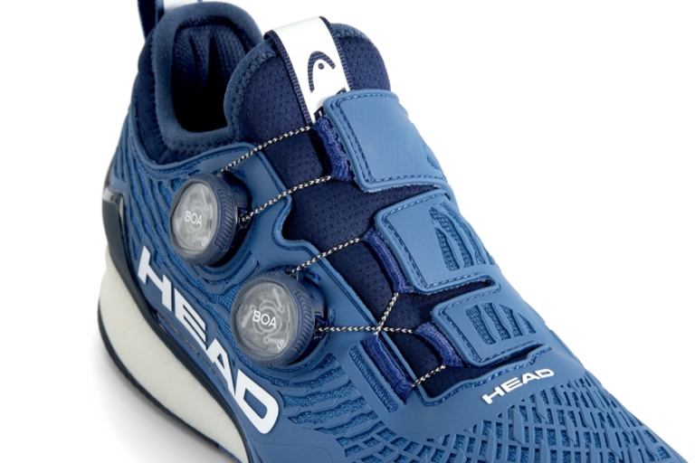 Close-up of HEAD branded blue athletic shoe with BOA precision fit dial, commercial ecommerce footwear product photography by OMS Photo