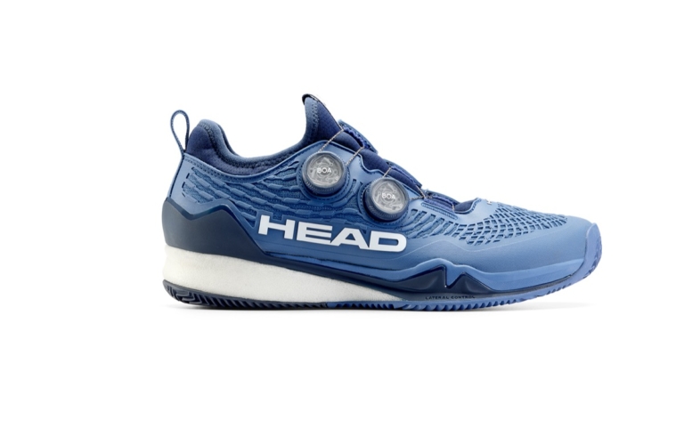 Blue HEAD tennis shoe with dual BOA dial closure system, side profile on white background