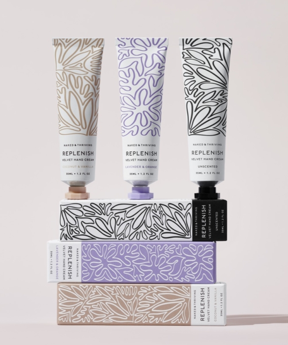 Naked & Thriving hand cream tube collection stacked on clean white background