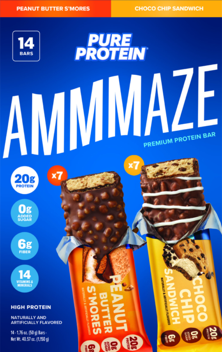 Pure Protein Ammmaze bar box packaging showing Peanut Butter S'mores and Choco Chip Sandwich flavors