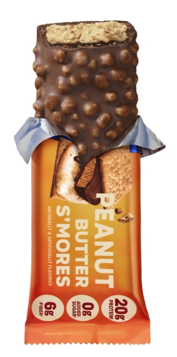 Unwrapped Pure Protein Peanut Butter S'mores bar showing chocolate coating and marshmallow graham filling