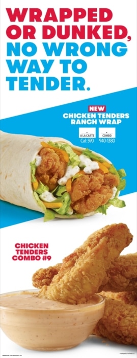 Wendy's chicken tenders ranch wrap with crispy tenders, lettuce, and ranch sauce on a light blue background