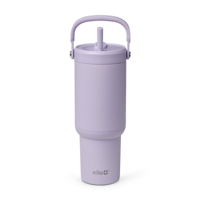 Lavender purple Ello insulated tumbler with matching handle lid and built-in straw on white background