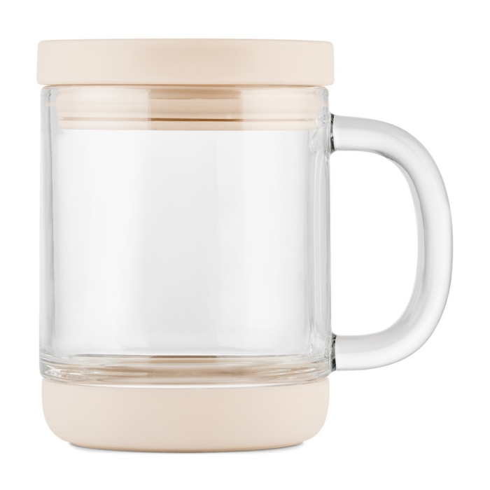 Clear Ello glass mug with cream colored lid, silicone base, and curved handle on white background