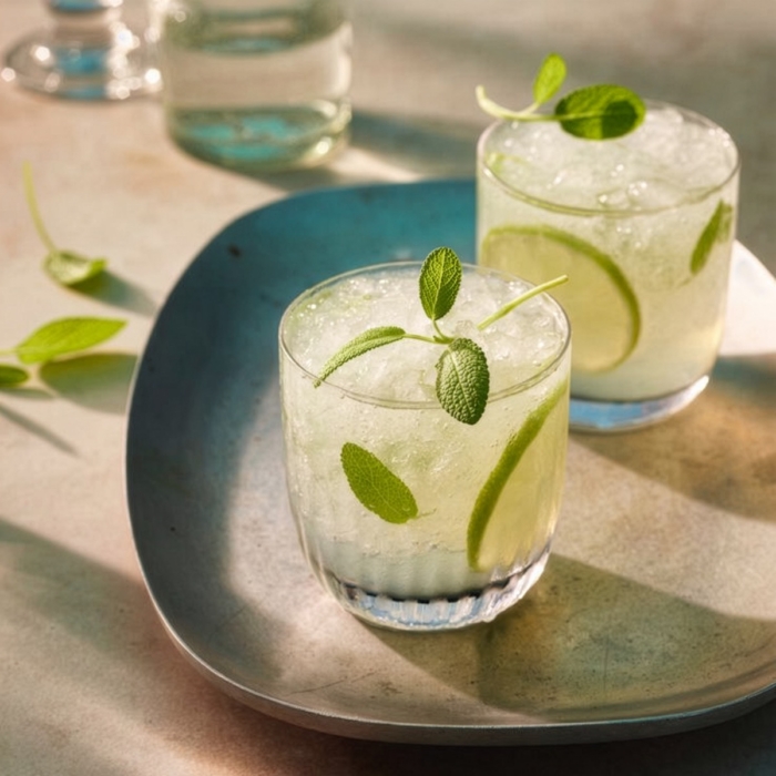Two pale green crushed ice tequila cocktails garnished with sage leaves and lime wheels on blue ceramic plate