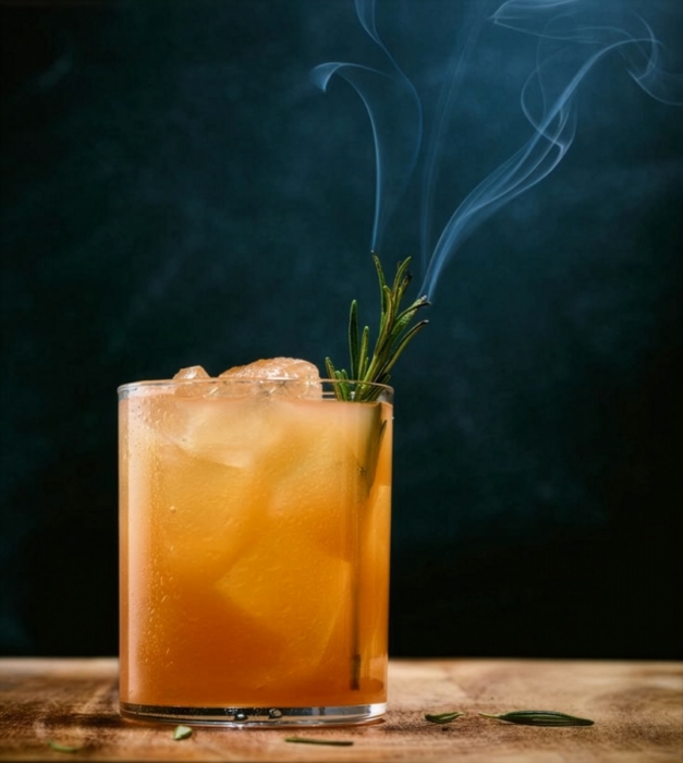 Orange tequila cocktail with smoking rosemary sprig garnish on wooden table against dark background