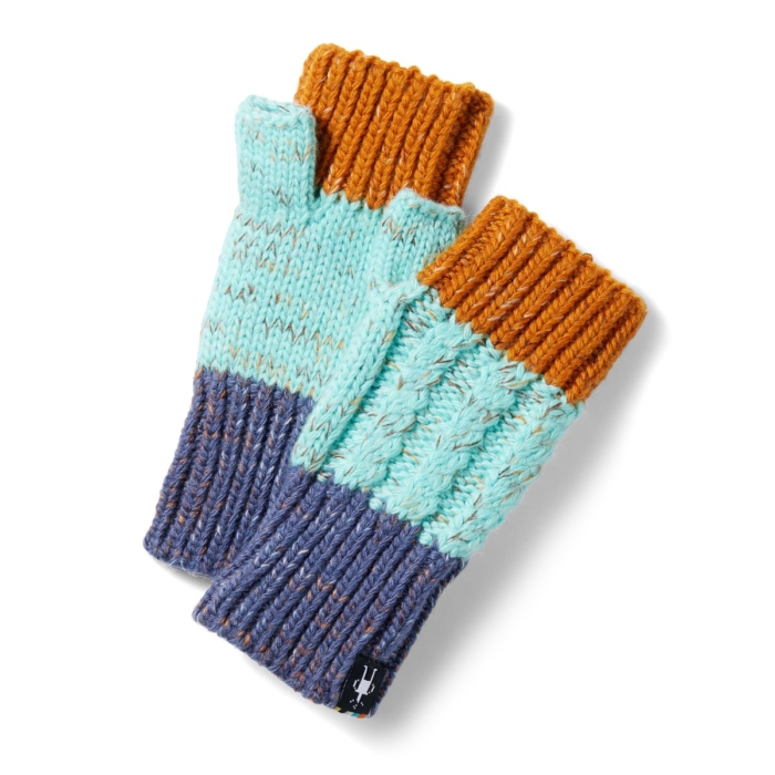 Pair of colorful knit gloves displayed on a white background