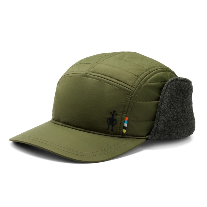 Green winter hat with ear flaps displayed on a white background