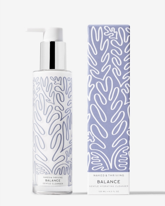 Naked & Thriving Balance Gentle Hydrating Cleanser 120ml pump bottle with silver chrome pump alongside its periwinkle blue retail box on a white background, both featuring abstract botanical coral line art packaging design