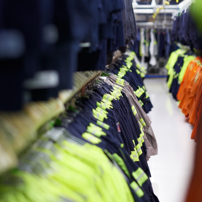 Close-up row of navy industrial work pants with hi-vis lime green and silver reflective safety stripes hanging on wire hangers at a Cintas uniform processing and laundry facility, with barcode tracking tags visible