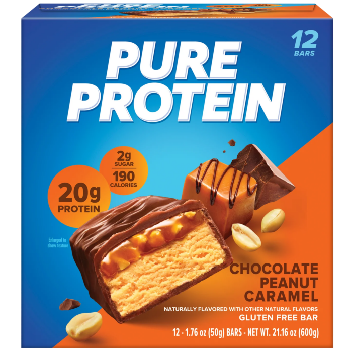 Pure Protein Chocolate Peanut Caramel protein bar box with caramel drizzle bar and peanuts on orange background