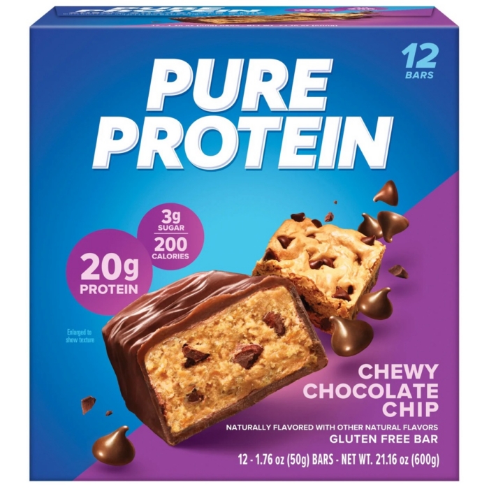 Pure Protein Chewy Chocolate Chip protein bar box with chocolate chip bar pieces on purple background