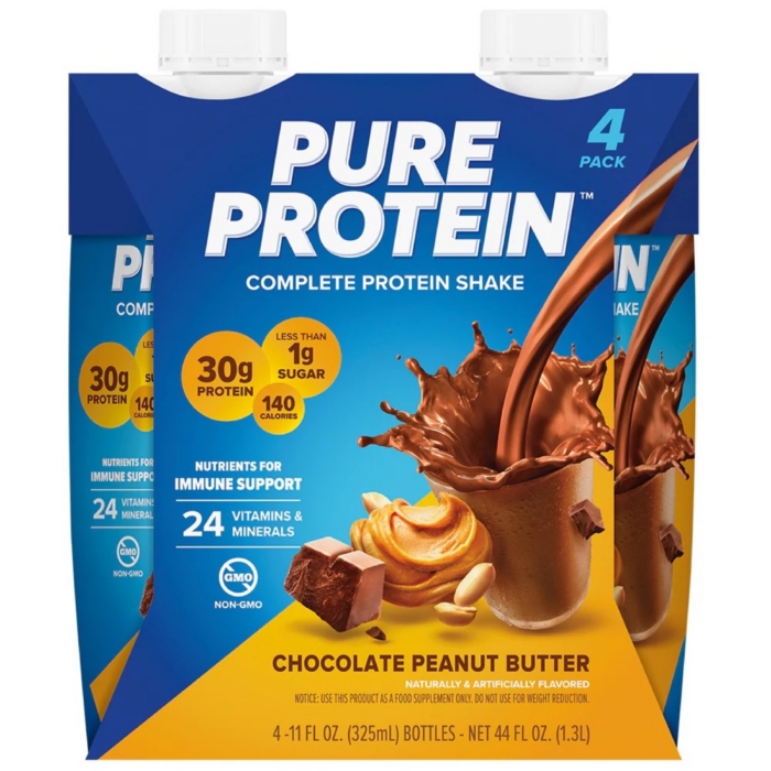 Pure Protein Chocolate Peanut Butter complete protein shake 4-pack cartons on blue and yellow background