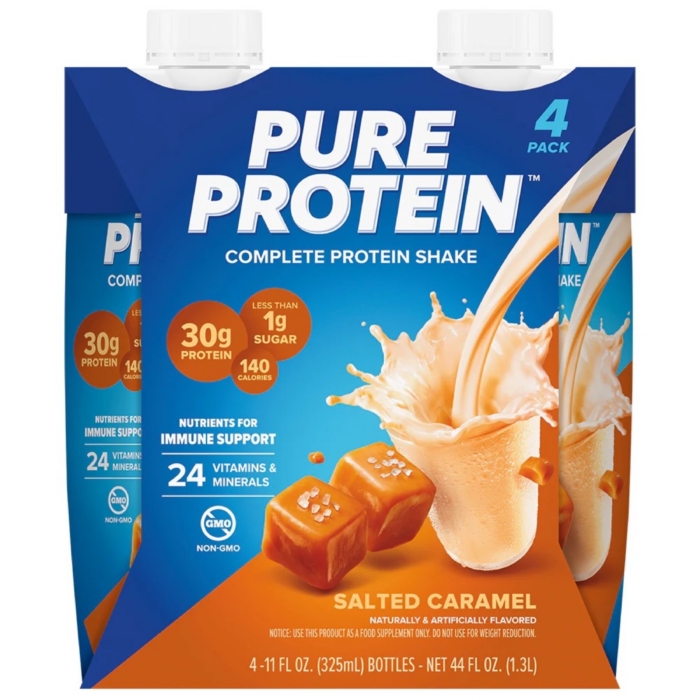Pure Protein Salted Caramel complete protein shake 4-pack cartons on blue and orange background