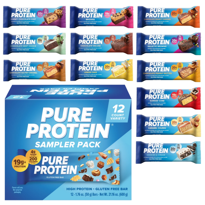 Pure Protein bar sampler pack box showing multiple flavor varieties stacked on blue background