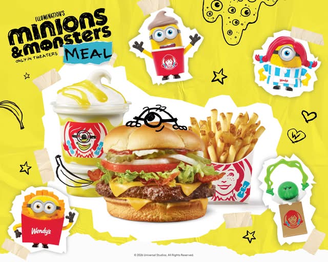 Wendy's Minions and Monsters Meal promotional collage featuring a burger, fries, banana Frosty, and collectible toy stickers on a yellow background