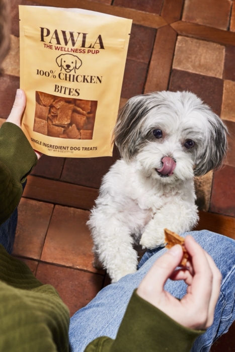 Person holding a bag of Pawla 100% Chicken Bites dog treats while a small white and gray dog licks its lips and reaches for a treat