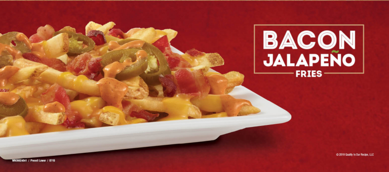 Wendy's Bacon Jalapeno Fries promotional ad featuring a plate of fries topped with cheese sauce, bacon, jalapenos, and chipotle sauce against a red background