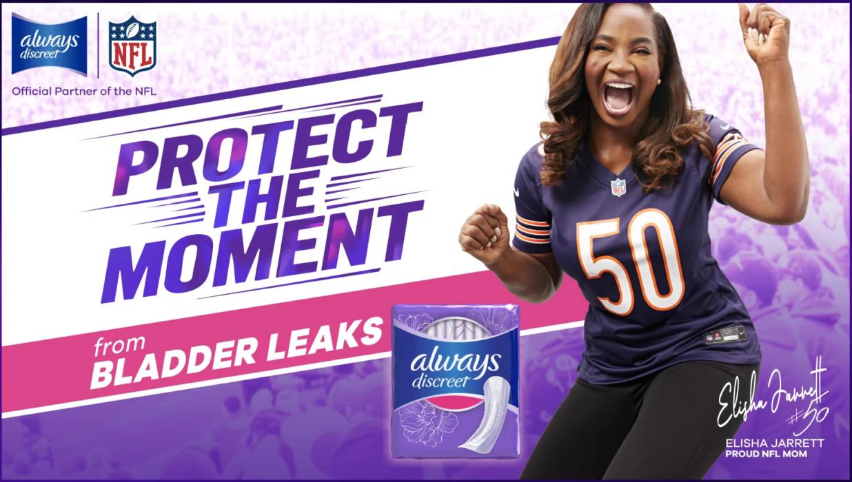 Always Discreet and NFL “Protect the Moment” campaign featuring Elisha Jarrett in a Chicago Bears jersey alongside Always Discreet bladder leak protection products.