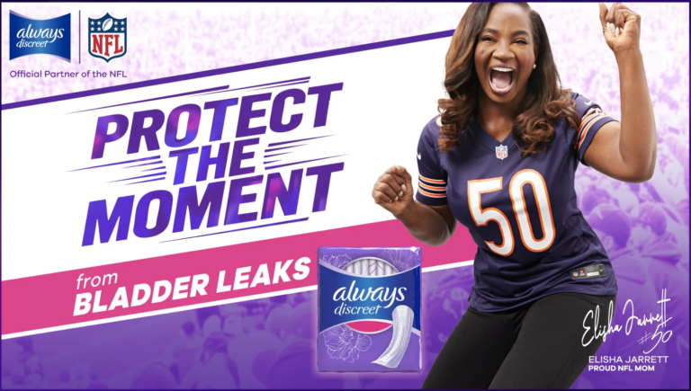 Always Discreet and NFL “Protect the Moment” campaign featuring Elisha Jarrett in a Chicago Bears jersey alongside Always Discreet bladder leak protection products.