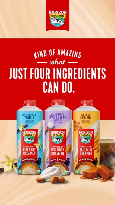 Three Horizon Organic real dairy creamer cartons displayed against a red advertising background with the headline "Just Four Ingredients Can Do."