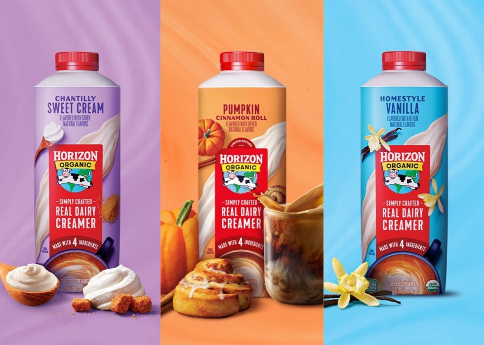 Three colorful panels displaying Horizon Organic flavored real dairy creamers alongside corresponding ingredients and serving suggestions.
