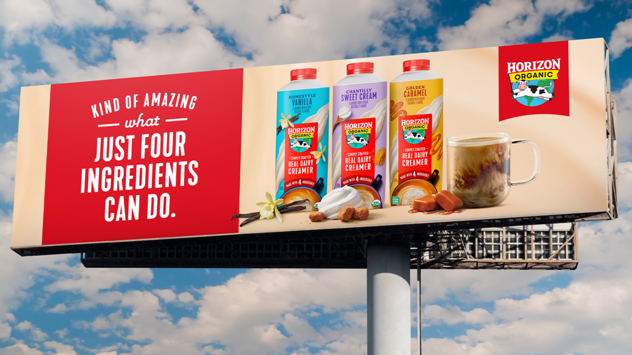 Outdoor billboard featuring Horizon Organic real dairy creamer cartons and the advertising message "Four Ingredients Can Do" against a blue sky.